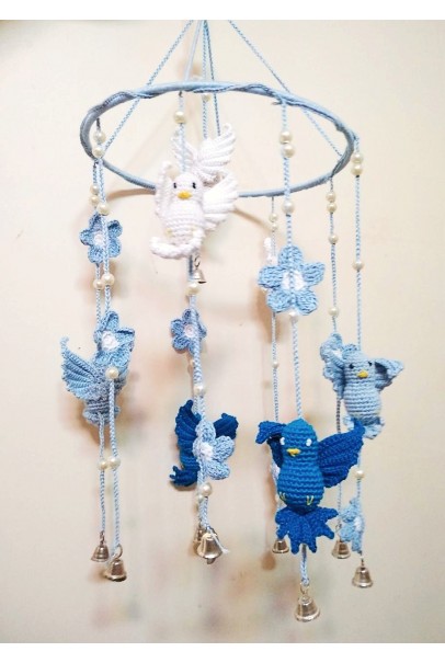 Happy Threads Birds Design Crochet Wind Chimes for Home (Blue & White)